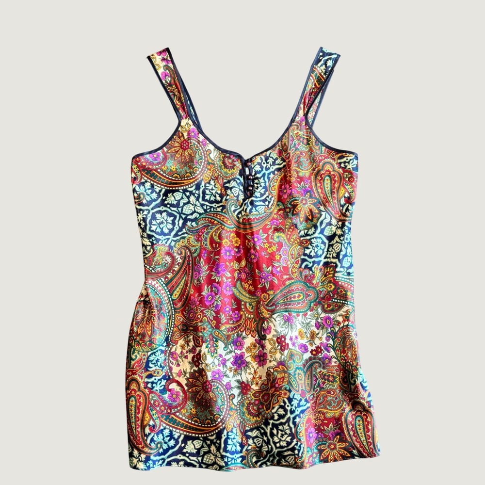 Adonna Nightgown XS Multicolor Paisley Silky Satin Slip Dress Artsy Boho Vintage